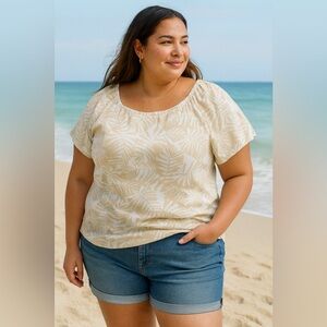 Loft linen blend palm leaf gathered sleeve women’s top‎ size 16